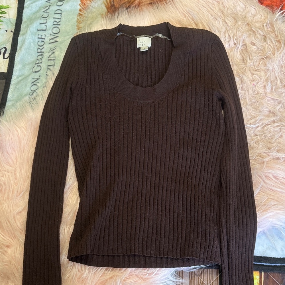A New Day Dark Brown Ribbed Scoop Neck Long Sleeve Top